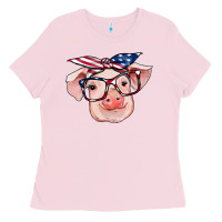 Bubblegum Pink american flag with pig Ladies Tee - RanaPortraitStore