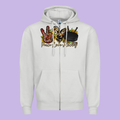 Peace Love Hockey Zipper Hoodie Designed By Racoondesign