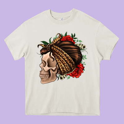 Leopard Bandana And Roses Skull Heavy Core Tee Designed By Jasminsmagicworld
