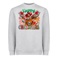 Heather Grey Happy Christmas Cow Heavyweight Sweatshirt - CowhideDigitalArt