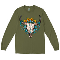 Army Green sunflower gemstone bull skull Long Sleeve Tee - OliviaCreatesArt