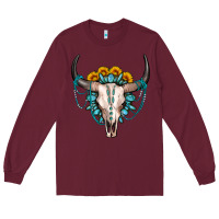 Burgundy sunflower gemstone bull skull Long Sleeve Tee - OliviaCreatesArt
