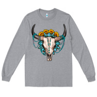 Heather Grey sunflower gemstone bull skull Long Sleeve Tee - OliviaCreatesArt