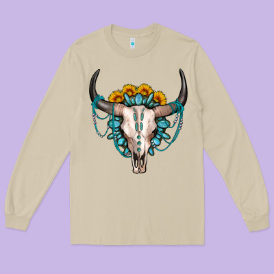 Sunflower Gemstone Bull Skull Long Sleeve Tee Designed By Oliviacreatesart