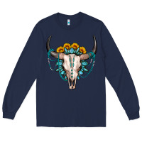 Navy sunflower gemstone bull skull Long Sleeve Tee - OliviaCreatesArt