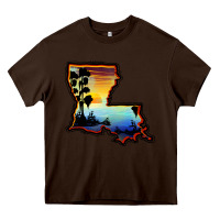 Chocolate Brown louisiana  sunset map Heavy Core Tee - BarkalooDesign