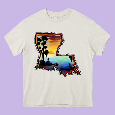 Louisiana  Sunset Map Heavy Core Tee Designed By Barkaloodesign