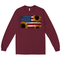 Burgundy Distressed Yellow Sunflower American Flag Long Sleeve Tee - Jasminsmagicworld