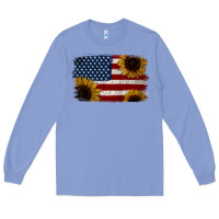 Colony Blue Distressed Yellow Sunflower American Flag Long Sleeve Tee - Jasminsmagicworld