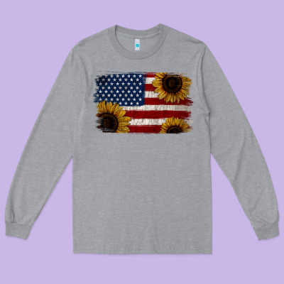 Distressed Yellow Sunflower American Flag Long Sleeve Tee Designed By Jasminsmagicworld