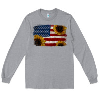 Heather Grey Distressed Yellow Sunflower American Flag Long Sleeve Tee - Jasminsmagicworld