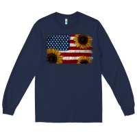 Navy Distressed Yellow Sunflower American Flag Long Sleeve Tee - Jasminsmagicworld