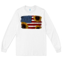 White Distressed Yellow Sunflower American Flag Long Sleeve Tee - Jasminsmagicworld