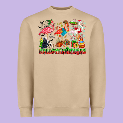 Happy Hallothanksmas Flamingo Heavyweight Sweatshirt Designed By Cowhidedigitalart