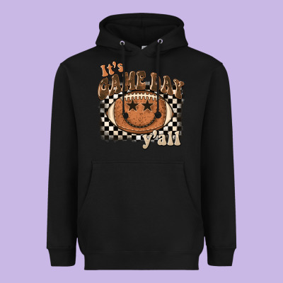 It's Game Day Y'all Football Smiley Face Heavyweight Hoodie Designed By Barkaloodesign