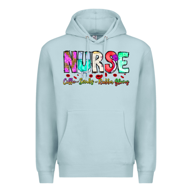 Nurse Coffee Scrubs Rubber Gloves Premium Hoodie by CowhideDigitalArt | Teevron