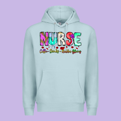 Nurse Coffee Scrubs Rubber Gloves Premium Hoodie Designed By Cowhidedigitalart