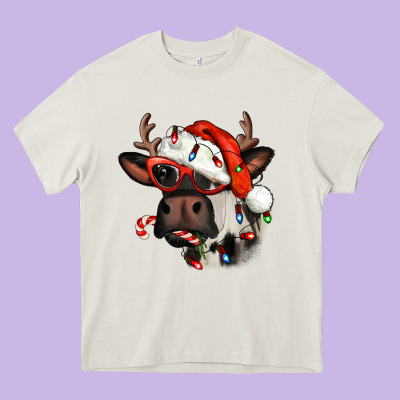 Christmas Cow With Antlers Heavy Core Tee Designed By Jasminsmagicworld