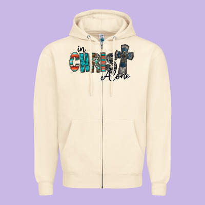 In Christ Alone Zipper Hoodie Designed By Racoondesign