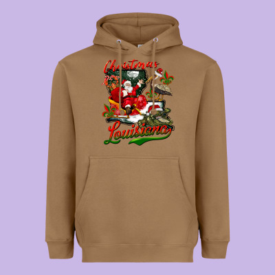 Louisiana Christmas With Santa Heavyweight Hoodie Designed By Barkaloodesign
