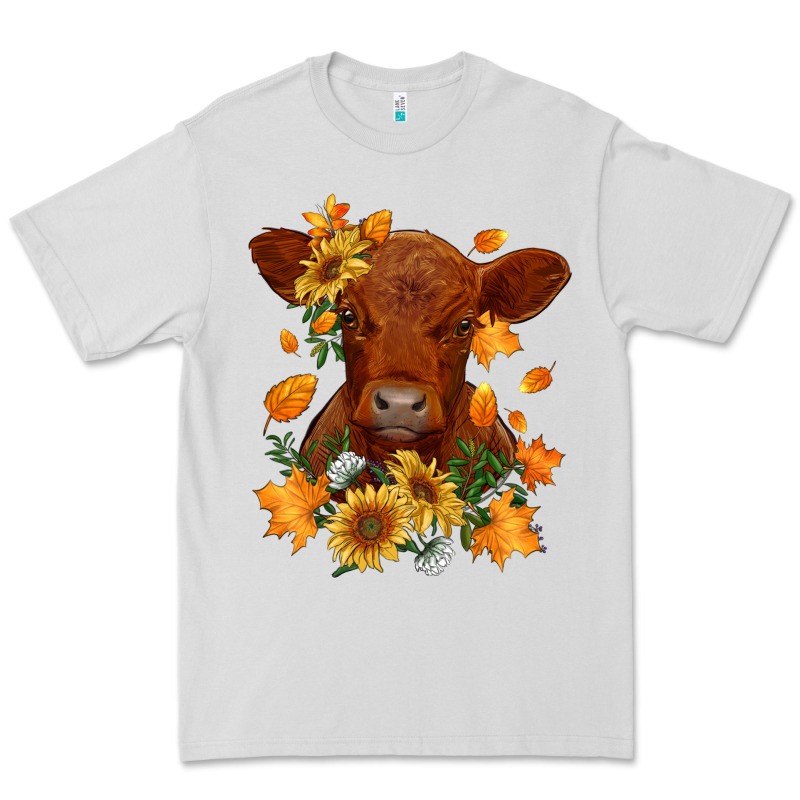 Fall Red Angus Calf Dried Leaves And Sunflowers Premium Tee by RanaPortraitStore | Teevron