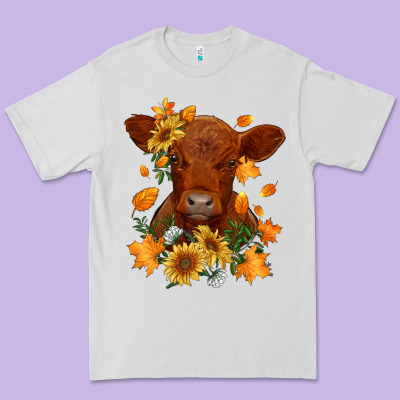 Fall Red Angus Calf Dried Leaves And Sunflowers Premium Tee Designed By Ranaportraitstore