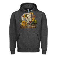 Charcoal Heather charolais cow with sunflowers Zipper Hoodie - LillyAllenDesigns