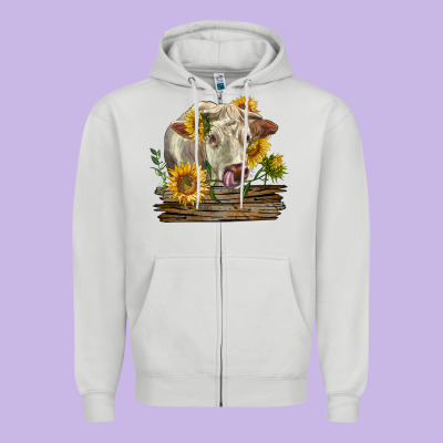 Charolais Cow With Sunflowers Zipper Hoodie Designed By Lillyallendesigns