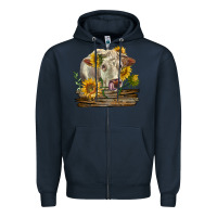 Navy charolais cow with sunflowers Zipper Hoodie - LillyAllenDesigns