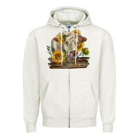 Oatmeal Heather charolais cow with sunflowers Zipper Hoodie - LillyAllenDesigns