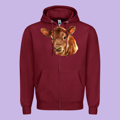 Red Angus Calf Face Zipper Hoodie Designed By Lillyallendesigns