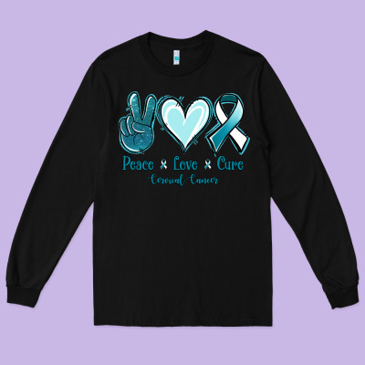 Peace Love Cure Cervical Cancer Long Sleeve Tee Designed By Jasminsmagicworld