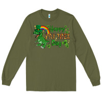 Army Green St. Patrick's Happy Pat T-Rex Day with rainbow Long Sleeve Tee - HowdyJamesFarm