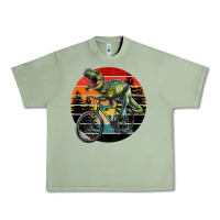 Oil Green t rex dinosaur riding bicycle with retro forest sunset Urban Heavy Tee - RanaPortraitStore