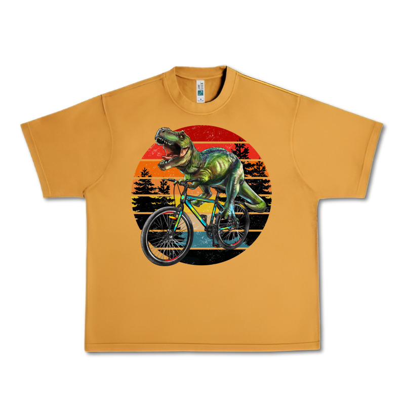 T Rex Dinosaur Riding Bicycle With Retro Forest Sunset Urban Heavy Tee by RanaPortraitStore | Teevron