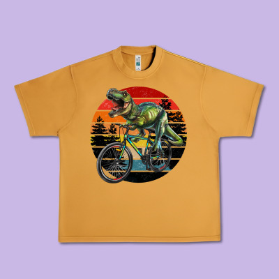 T Rex Dinosaur Riding Bicycle With Retro Forest Sunset Urban Heavy Tee Designed By Ranaportraitstore