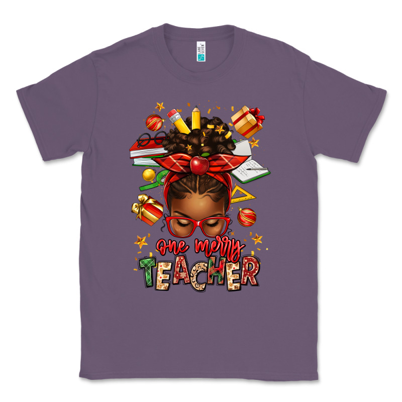 One Merry Teacher Afro Messy Bun Classic Tee by texasbilliewilder | Teevron