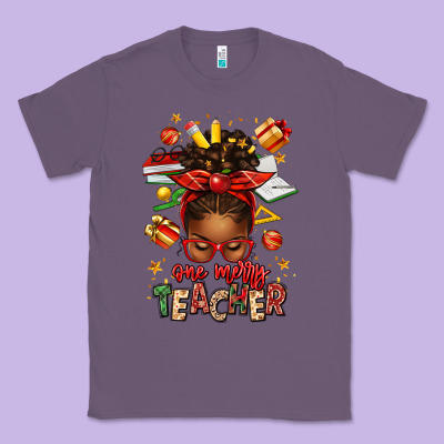One Merry Teacher Afro Messy Bun Classic Tee Designed By Texasbilliewilder