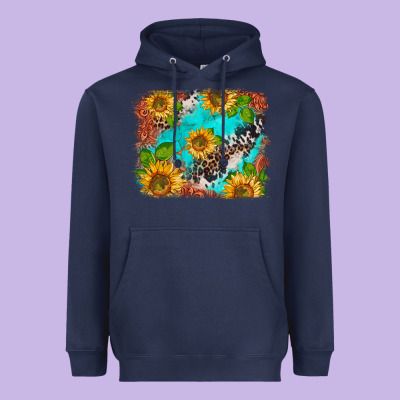 Western Sunflowers Turquoise Cowhide  Tooled Leather Heavyweight Hoodie Designed By Barkaloodesign