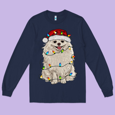 White Pomeranian With Christmas Lights Long Sleeve Tee Designed By Ranaportraitstore
