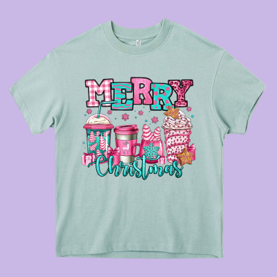 Merry Christmas Pink Coffee Cups Heavy Core Tee Designed By Jasminsmagicworld