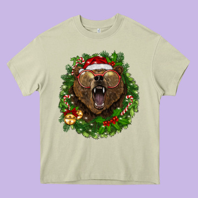 Christmas Bear  Wreath Heavy Core Tee Designed By Barkaloodesign