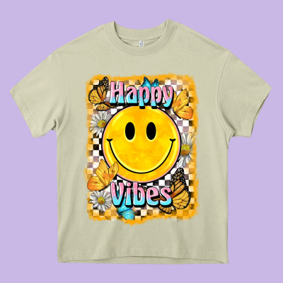 Happy Vibes Smiley Face Heavy Core Tee Designed By Barkaloodesign