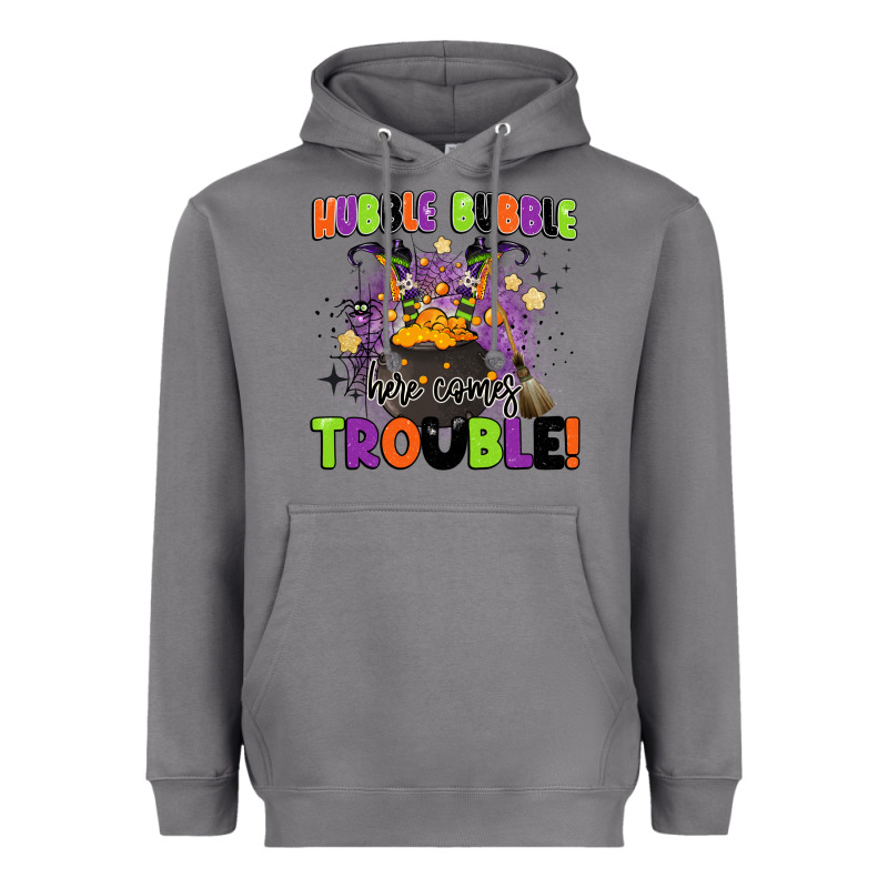 Kids Halloween Hubble Bubble Here Comes Trouble Heavyweight Hoodie by BarkalooDesign | Teevron