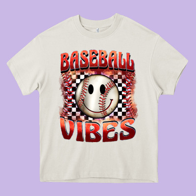Baseball Vibes Smiley Face Heavy Core Tee Designed By Barkaloodesign