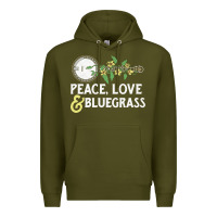 Army Green peace , love & bluegrass   banjo nature vines illu Premium Hoodie - DesignPulse