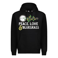 Black peace , love & bluegrass   banjo nature vines illu Premium Hoodie - DesignPulse