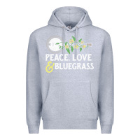 Heather Grey peace , love & bluegrass   banjo nature vines illu Premium Hoodie - DesignPulse