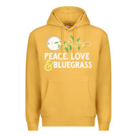 Mustard peace , love & bluegrass   banjo nature vines illu Premium Hoodie - DesignPulse
