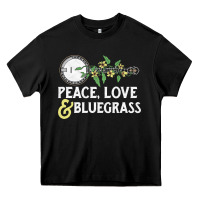 Black peace , love & bluegrass   banjo nature vines illu Heavy Core Tee - DesignPulse